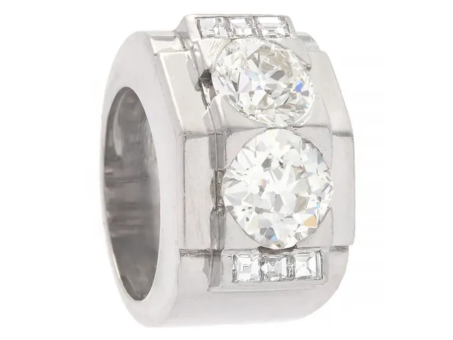 GUBELIN, ring, platina, gammalslipad diamant ca ca 2,45 ct, ca TCa(L)/mindre skada och nagg på rondist i övrigt små orenheter, gammalslipad diamant ca 2,00 ct, ca TCa(K)/VS2, 6 baguetteslipade diamanter ca 0,36 ctv, stl 16,75 mm, vikt 18,8 g, originaletui.