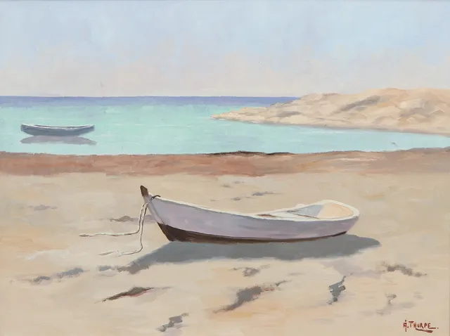 ÅKE THORPE. Oljemålning på duk. "Västkust (Varberg)". Signerad.