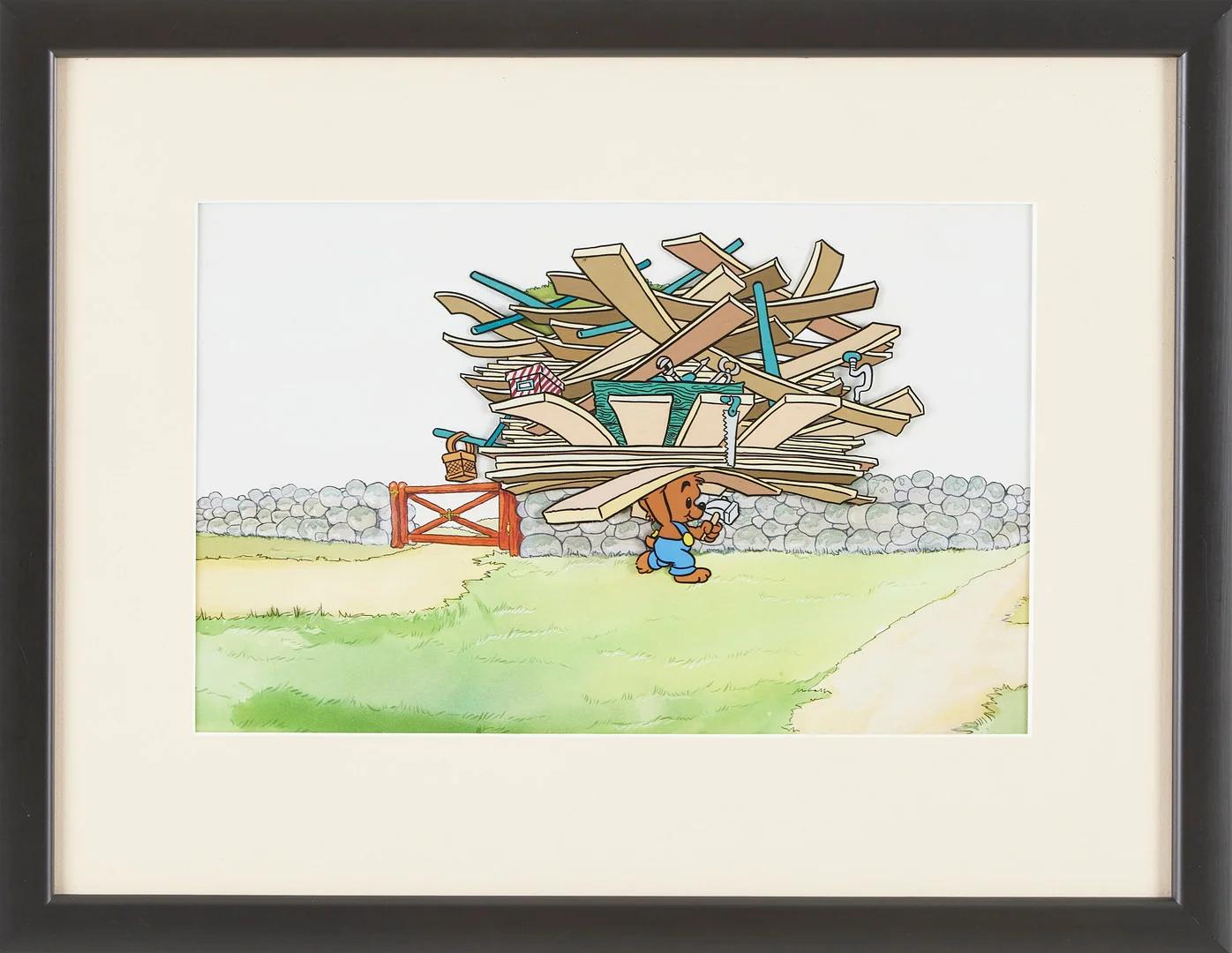 RUNE ANDRÉASSON. Bamse, handmålad filmcell ur "Skattkartan", från 1972, scen 66A, monterad på den handmålade originalbakgrunden. — Paintings — Stockholms Auktionsverk Magasin 5