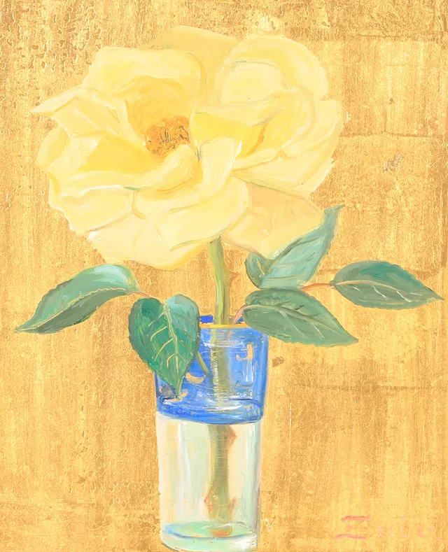 ZOIA KRUKOWSKAJA. Blomsterstilleben, olja på pannå målad på guldgrund, signerad Zoia.