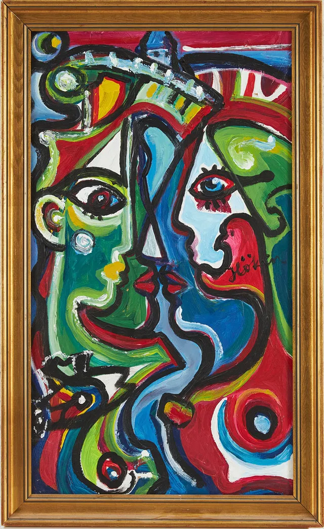 SVEN-ARNE "HÖKEN" HÖKENSTRÖM (FÖDD 1947). abstrakt figurkomposition, akryl på pannå, signerad Höken.