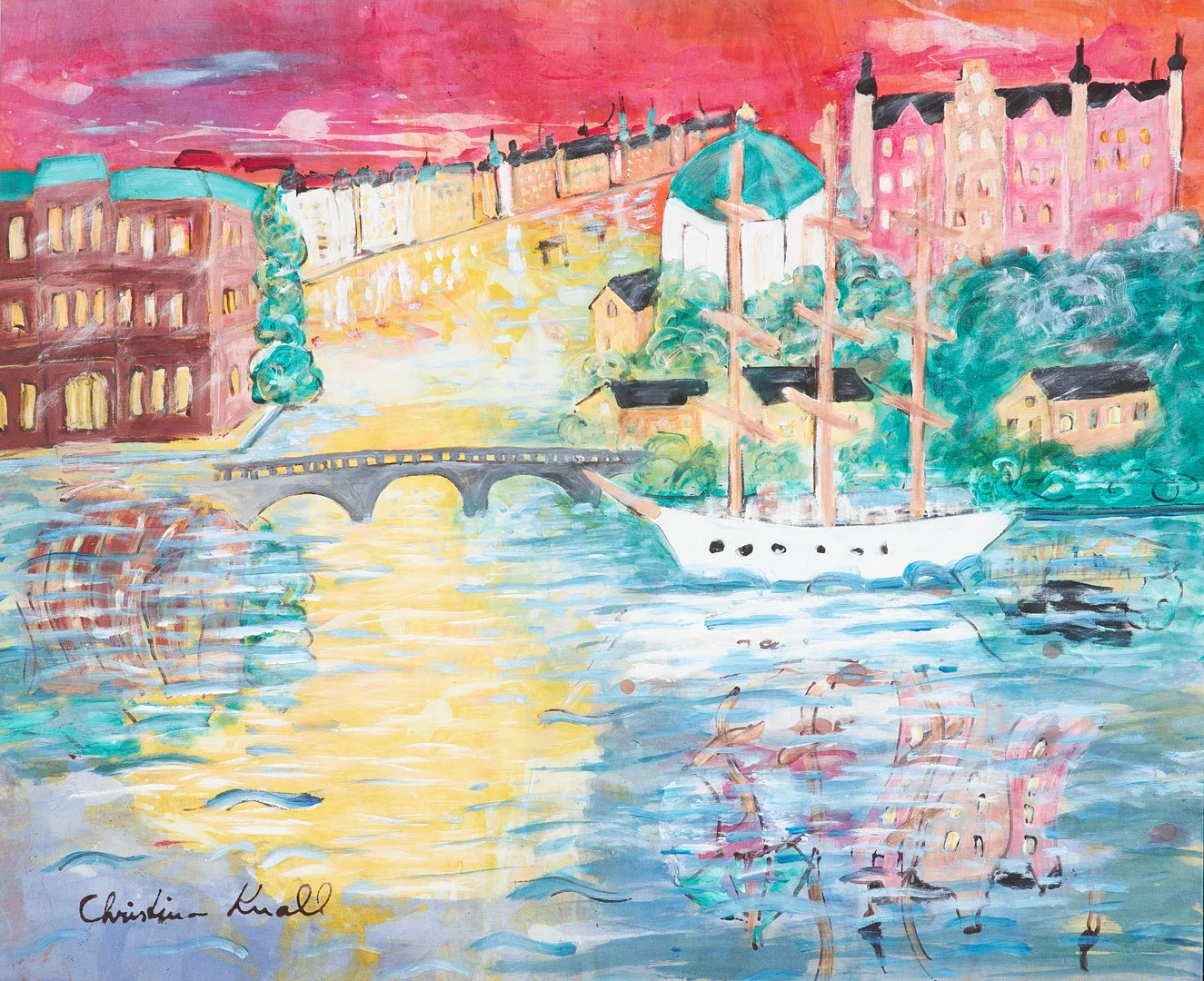 CHRISTINA KNALL. "Af Chapman". olja på duk, vy över Skeppsholmen och Nationalmuseum, samt Strandvägen i bakgrunden. — Paintings — Stockholms Auktionsverk Sickla