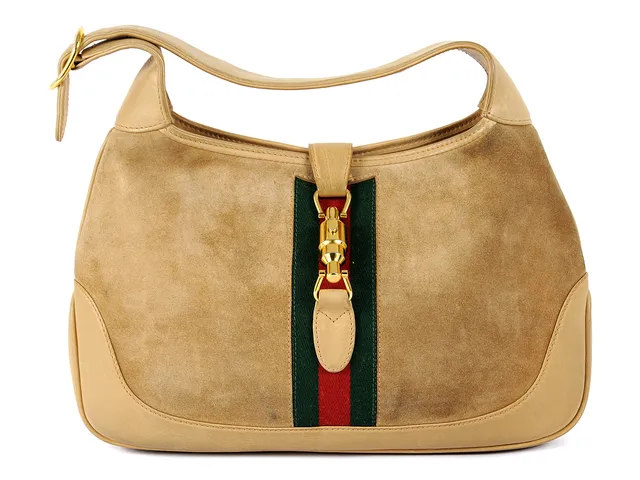VÄSKA, GUCCI, vintage, "Jackie", beige mocka, beige läder, gulmetall detaljer, 33x21x4cm, lite fläckar.