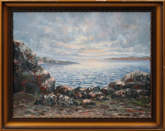 KG HOLMBERG. "Aftonstämning Väderöfjorden" olja på duk, signerad.