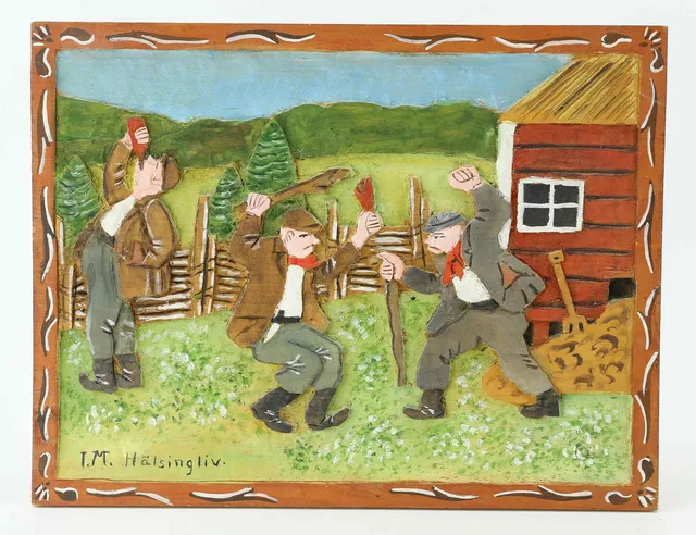 IDA MALM. Trärelief, "Hälsingeliv", signerad, Ida Malm, Bergsjö.