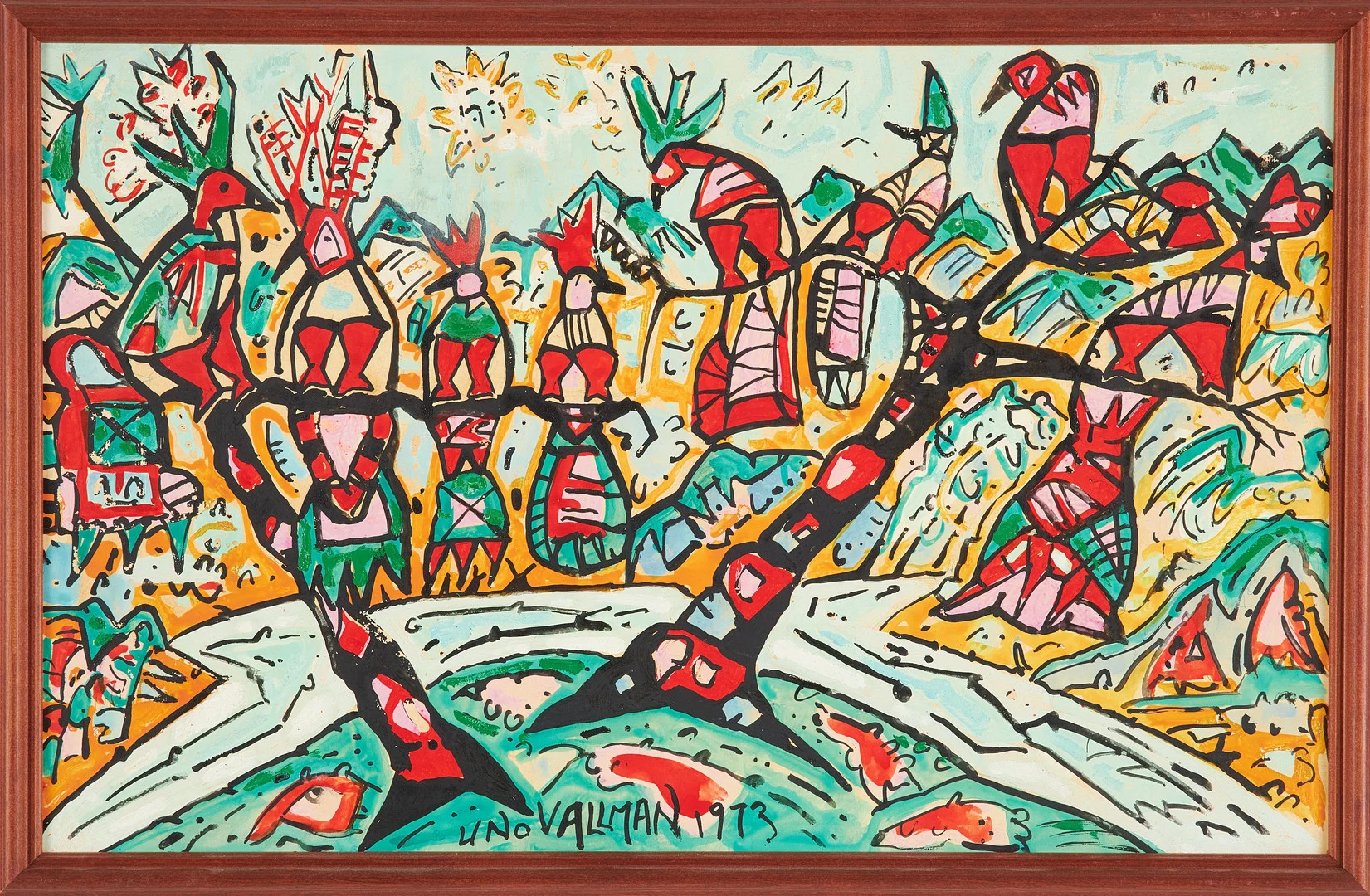 UNO VALLMAN. Komposition med fåglar i träd, akryl på pannå, signerad, daterad 1973. — Paintings — Stockholms Auktionsverk Sickla