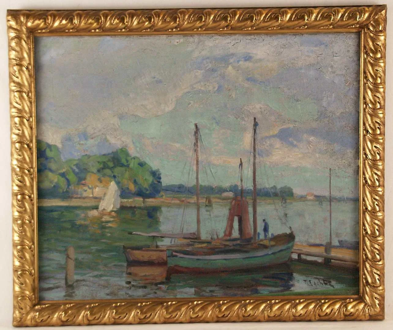 UNBEKANNT. Vor Anker liegende Fischerboote am Steg, Öl auf Leinwand. — Paintings — Auktionshaus Blank