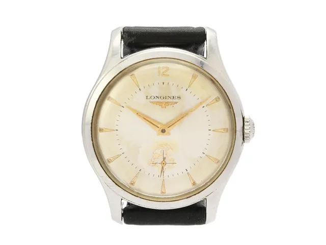 LONGINES, herrur, 35 mm, Cal 12.68Z, Serie nr. 10728991, Boett nr. 6263 18 / 455, stål, manuell, plexiglas, liten sekundvisare, skadad urtavla/visare, defekt (går ej, akut servicebehov), läderband, ca 1958.