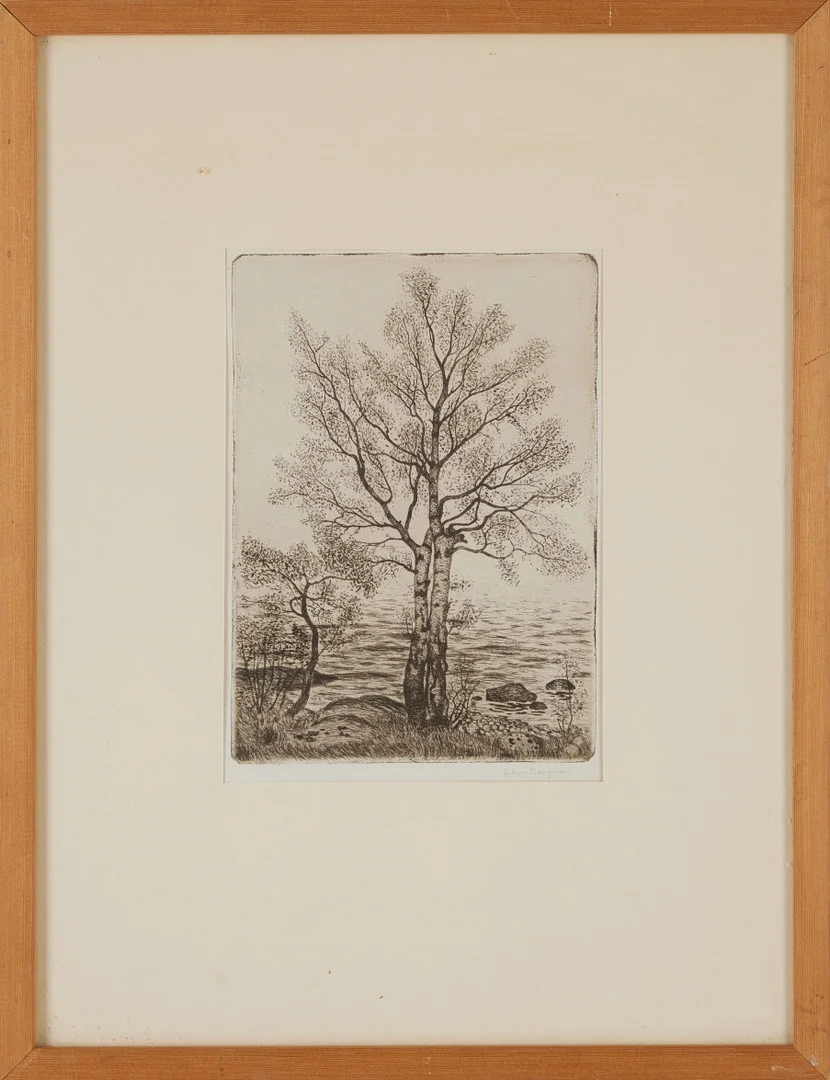 OSKAR BERGMAN. Björkar vid vatten. — Engravings & Prints — Stockholms Auktionsverk Magasin 5