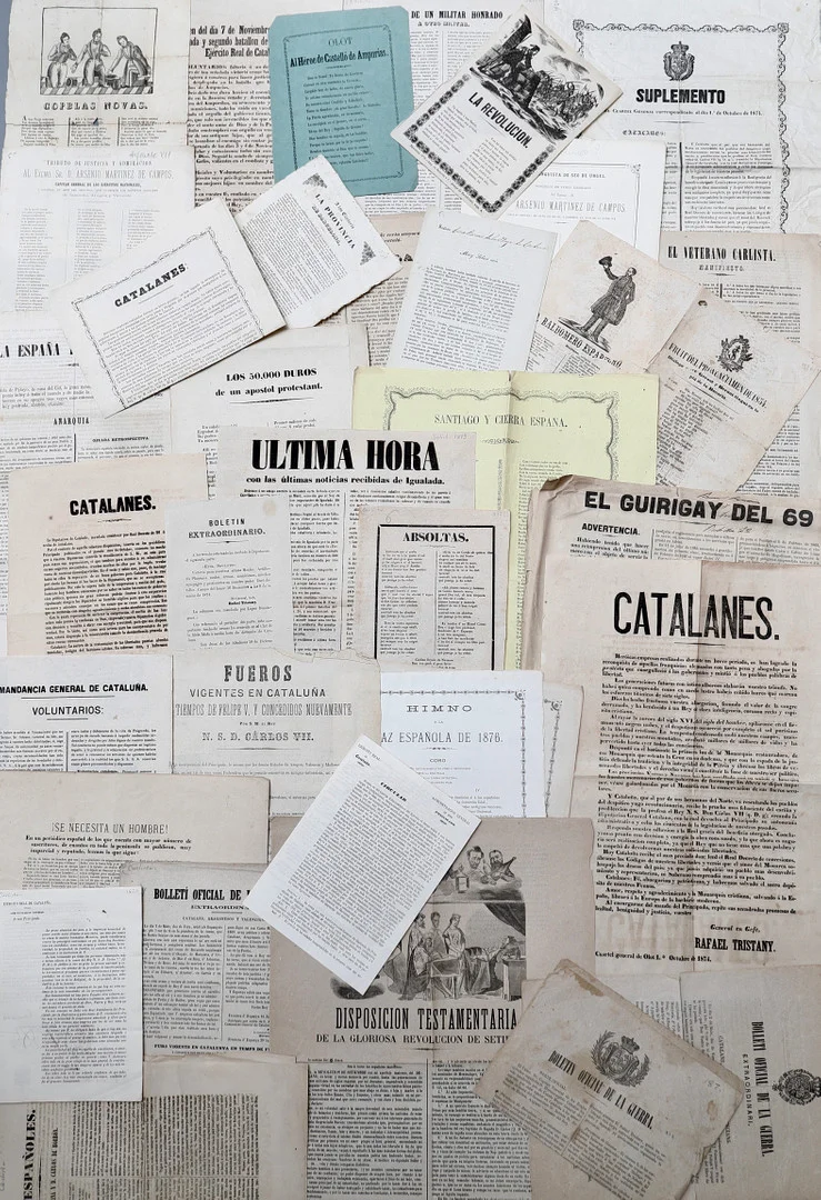 CARLISM: SEVERAL POLITICAL PRINTS, CIRCA 1850-1878. 50 bulletins, letters, proclamations, hymns and announcements. — Books, Maps & Manuscripts — Balclis