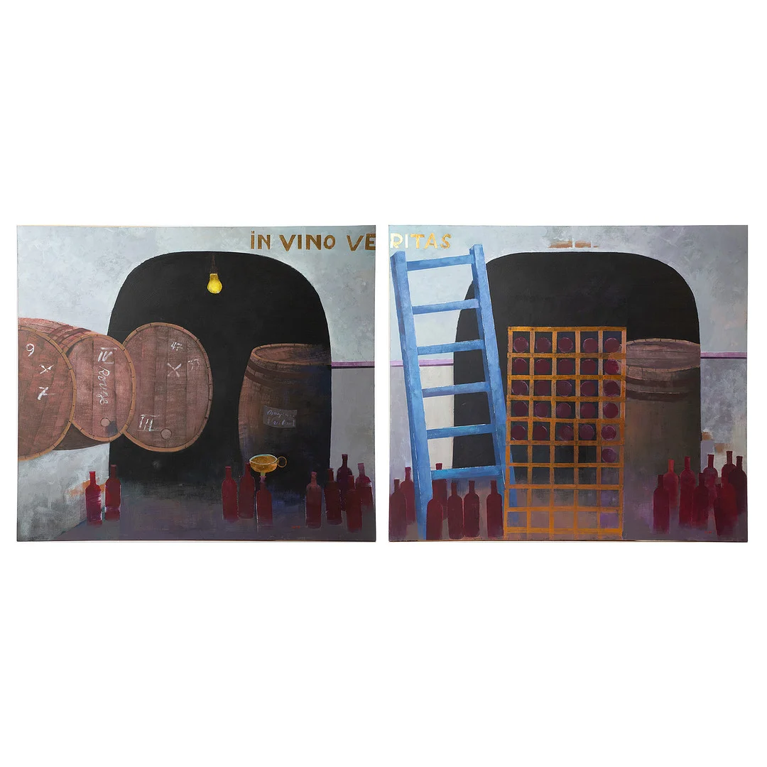 ANDERS LINDGREN. "In vino veritas", diptyk, olja på pannå, signerade a tergo. — Paintings — Stockholms Auktionsverk Göteborg