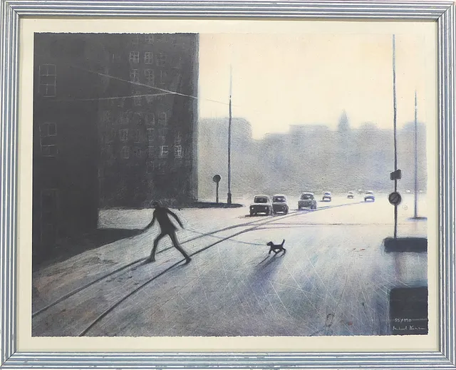 MIKAEL KIHLMAN. litografi, 55/190, "Man med hund", signerad.