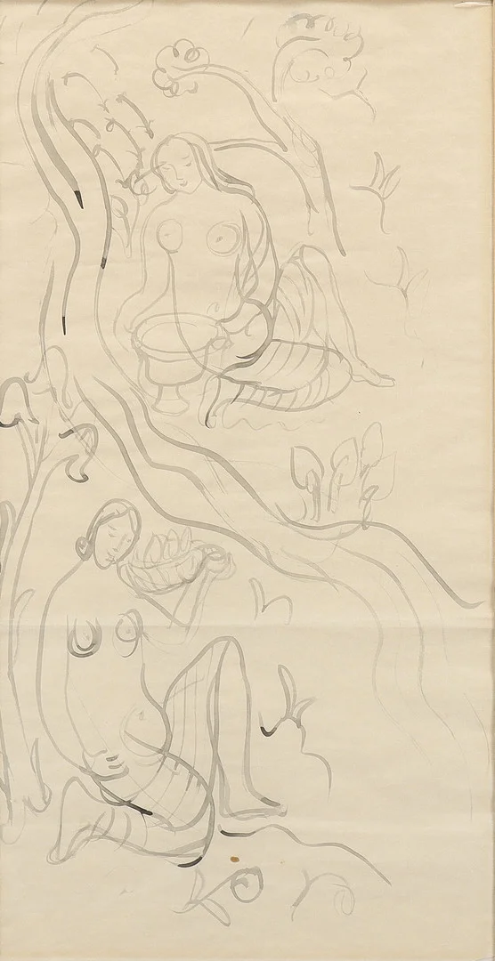 HILDING LINNQVIST. "Flickor vid bäck". — Drawings — Karlstad Hammarö Auktionsverk