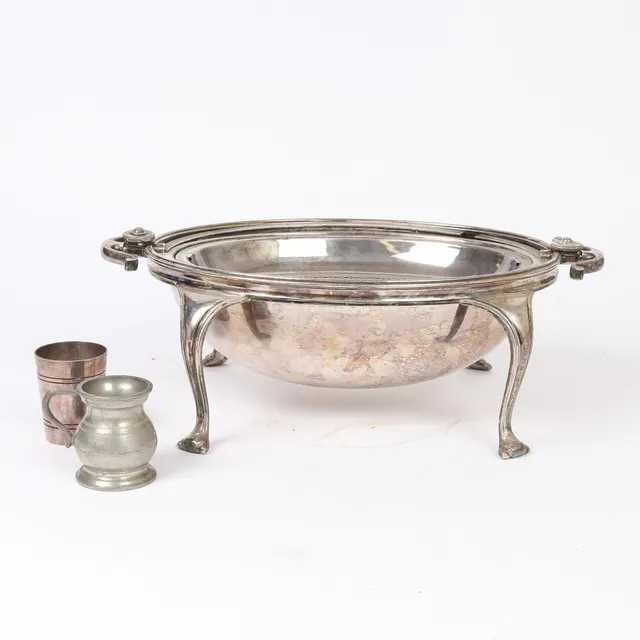 SILVER PLATED BACON DISH AND TWO HALF GILL MEASURES (3).