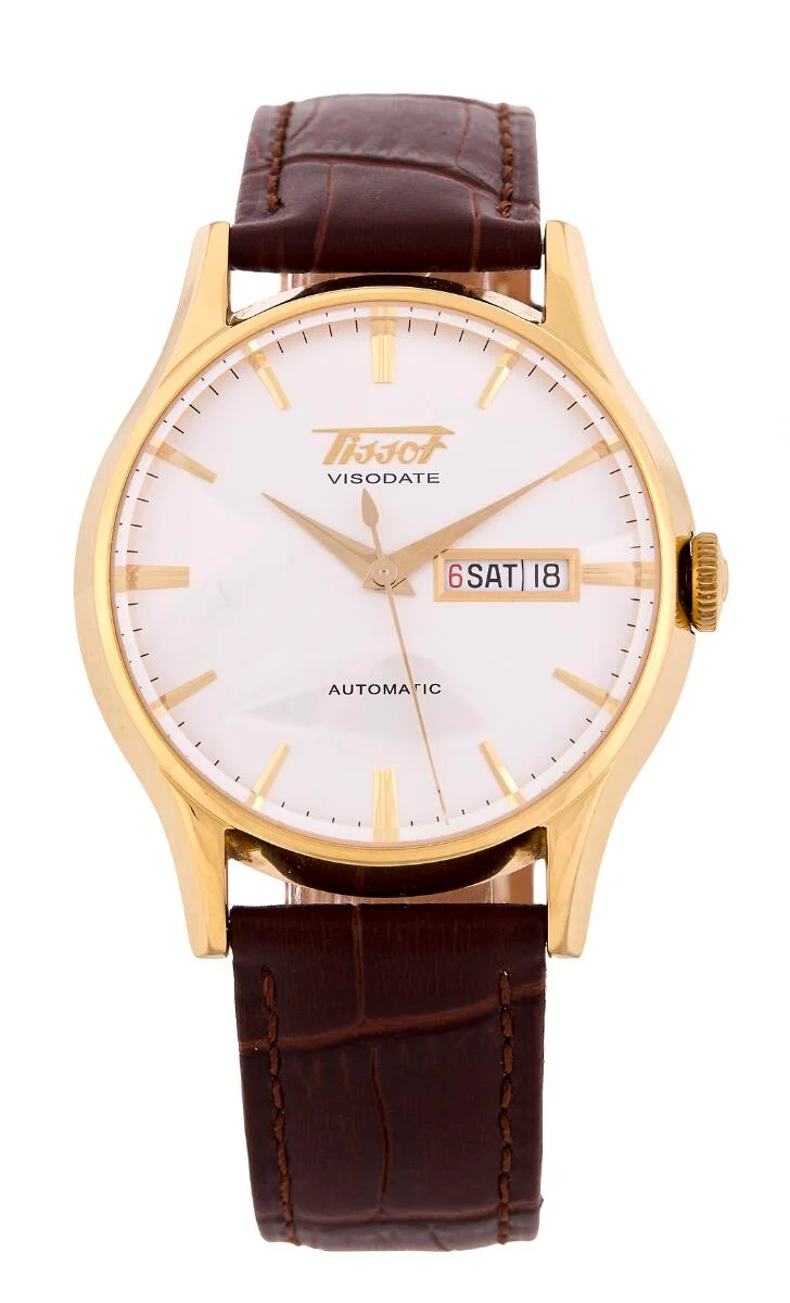 Heritage Visodate of gilded PVD, ref. T019430B. Mechanical movement with automatic winding, date indication and day indication, cal. ETA 2836–2. Brown calfskin strap with later gilded C-clasp. Ø 40 mm. 2003. — Clocks & watches/Wristwatches — Bruun Rasmussen