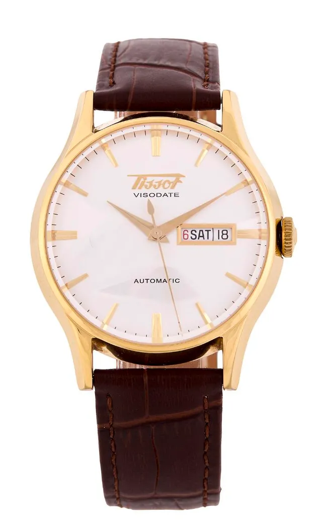 Heritage Visodate of gilded PVD, ref. T019430B. Mechanical movement with automatic winding, date indication and day indication, cal. ETA 2836–2. Brown calfskin strap with later gilded C-clasp. Ø 40 mm. 2003.