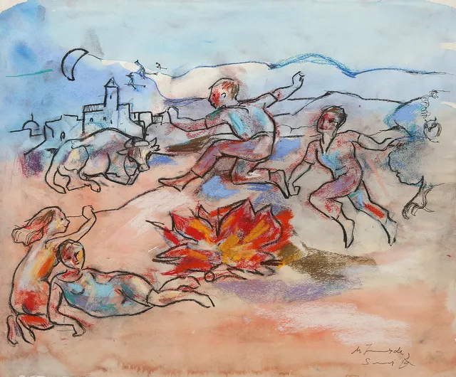 MIGUEL TORNER DE SEMIR. Beach with figures by the bonfire.