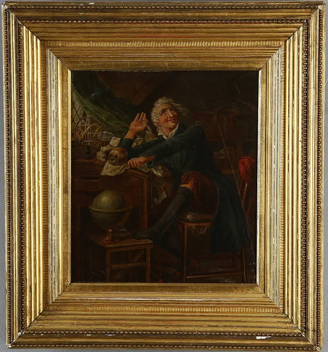 OKÄND KONSTNÄR. Olja på pannå, lärd man vid skrivpulpet, 1800-tal.