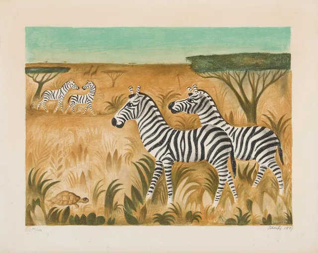 “Zebraer”. Signed Scherfig 1971, 145/280. Lithograph in colours. Visible size 51×64 cm.