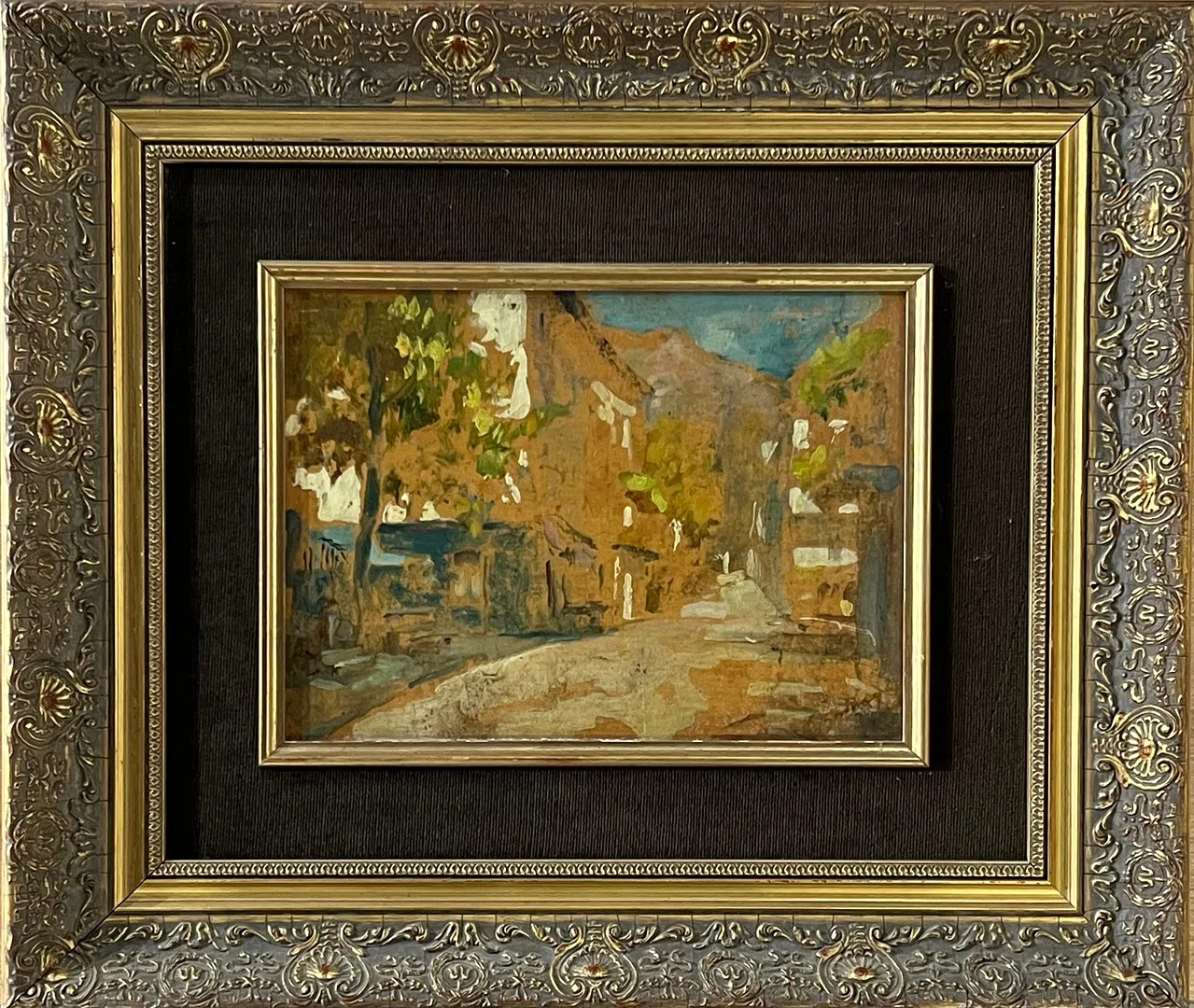 ESCUELA CATALANA, SIGLO XX. FIRMA ILEGIBLE. Vista urbana. Óleo sobre táblex. — Paintings — Arce Auctions