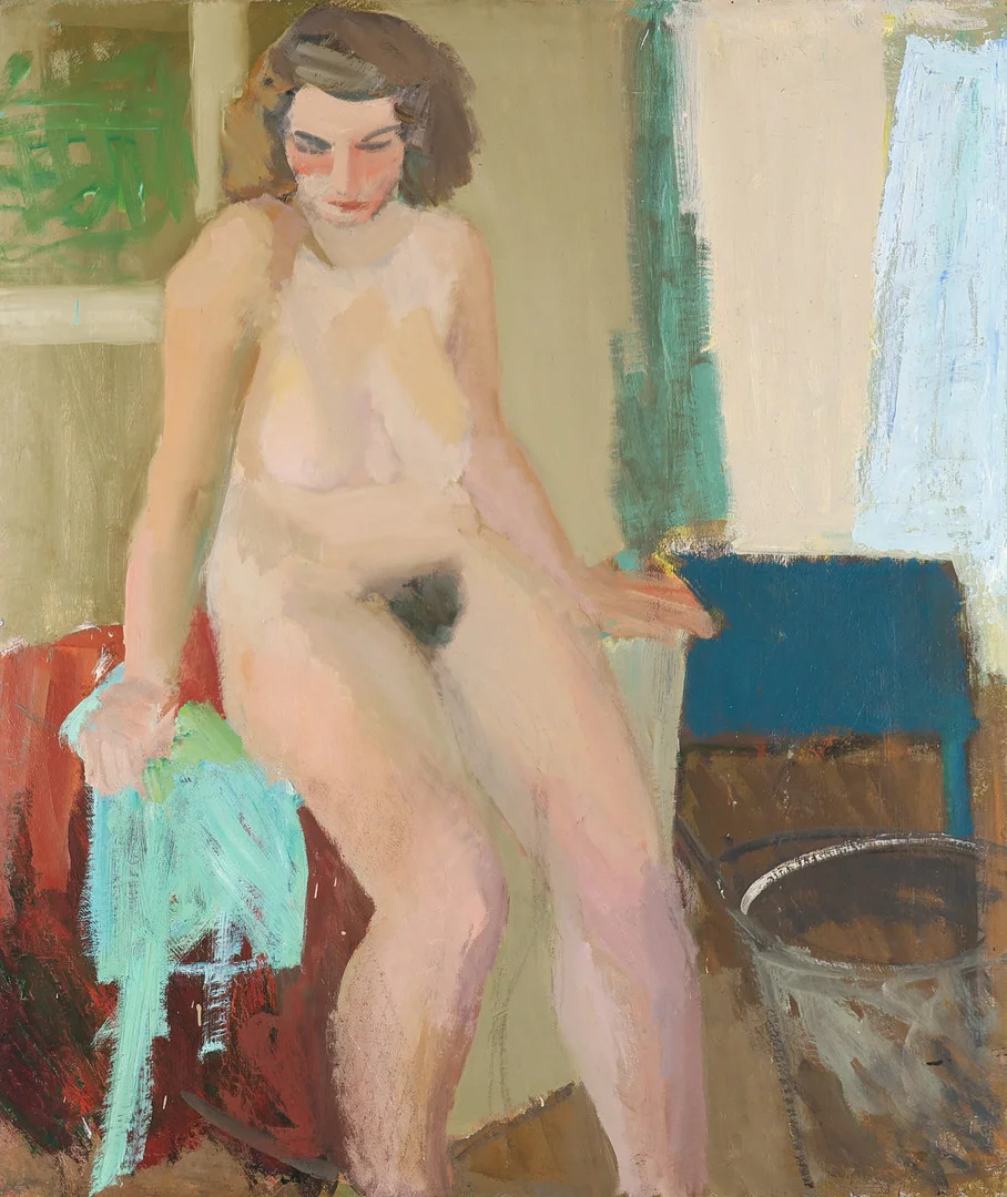 UBEKENDT KUNSTNER. Modelstudie af nøgen kvinde, olie på plade, usigneret, 1950-60'erne. — Paintings — Palsgaard Kunstauktioner