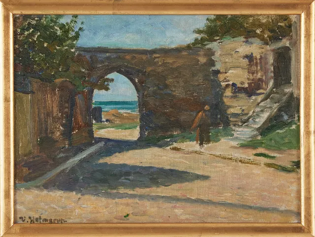VILHELM HOLMGREN (1863-1943). "Visby ringmur", olja på duk uppfodrad på pannå, signerad.