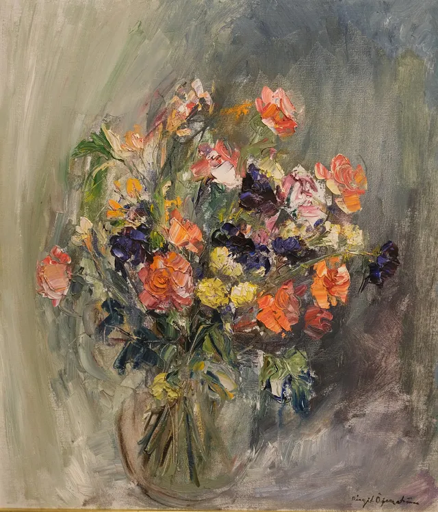 BIRGIT ÖFVERSTRÖM. OLJA PÅ DUK. STILLEBEN, BLOMMER I VAS.