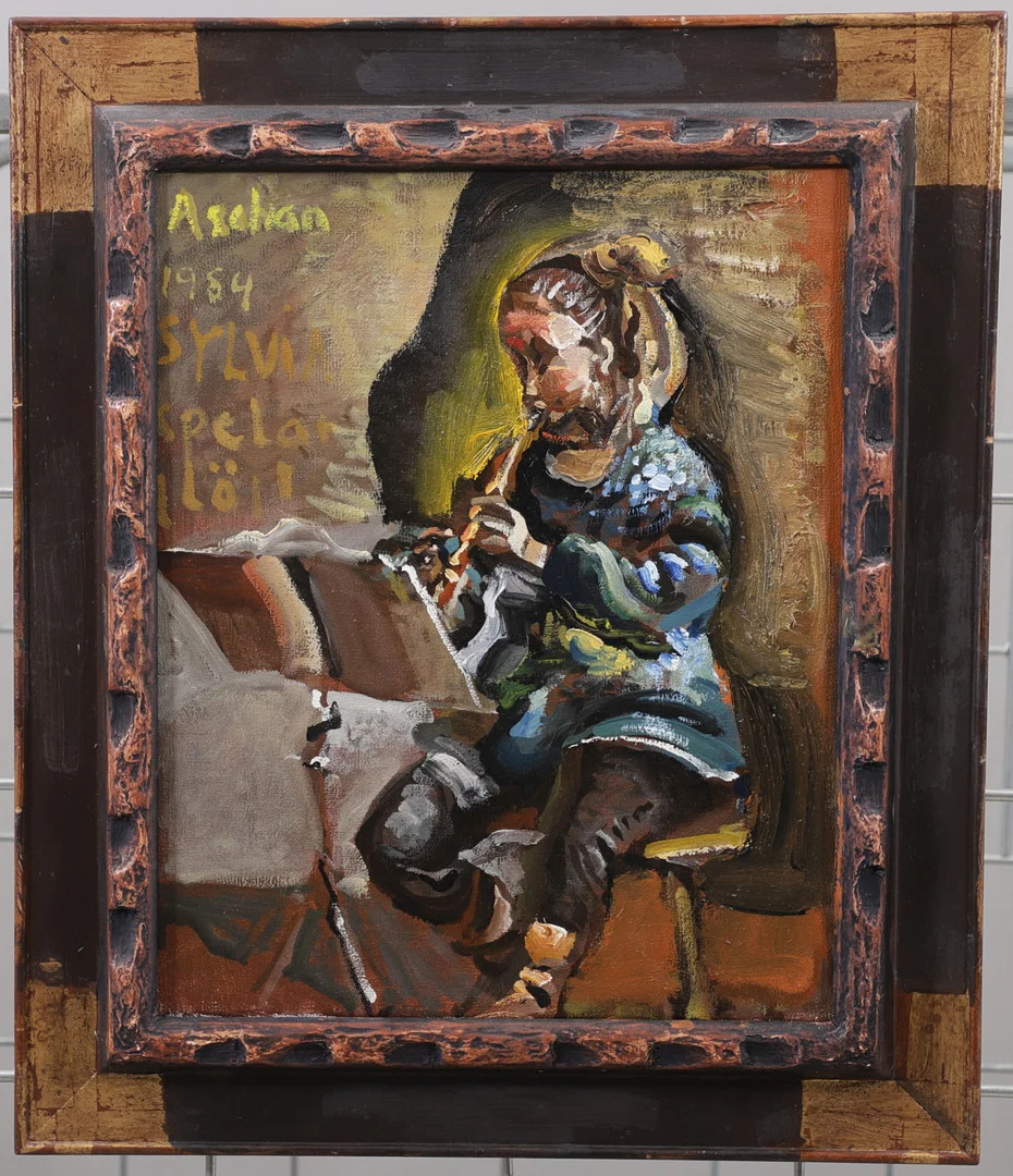 ULF ASCHAN. "Sylvia spelar flöjt", olja på duk, signerad och daterad 1984. — Paintings — Växjö Auktionskammare