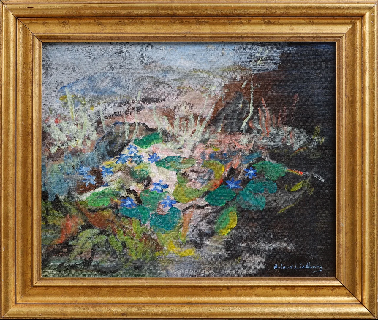 ROLAND LINDBERG. "blåsippor" olja på duk, signerad. — Paintings — Göteborgs Auktionsverk