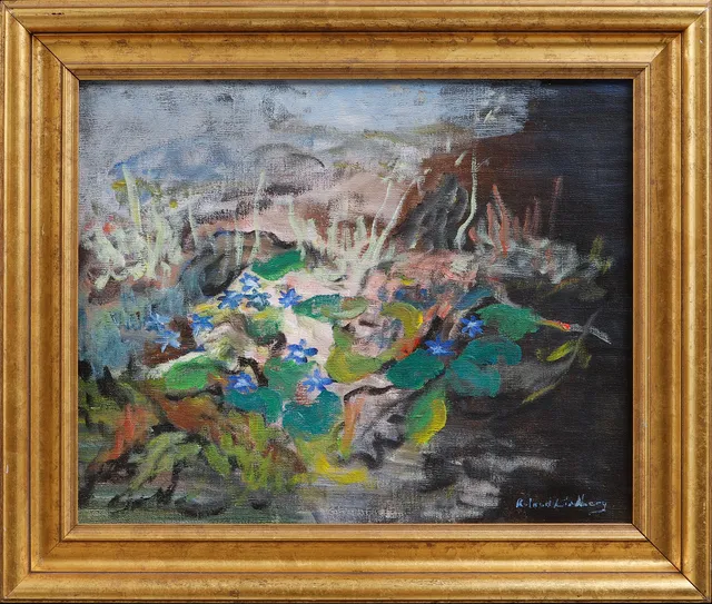 ROLAND LINDBERG. "blåsippor" olja på duk, signerad.