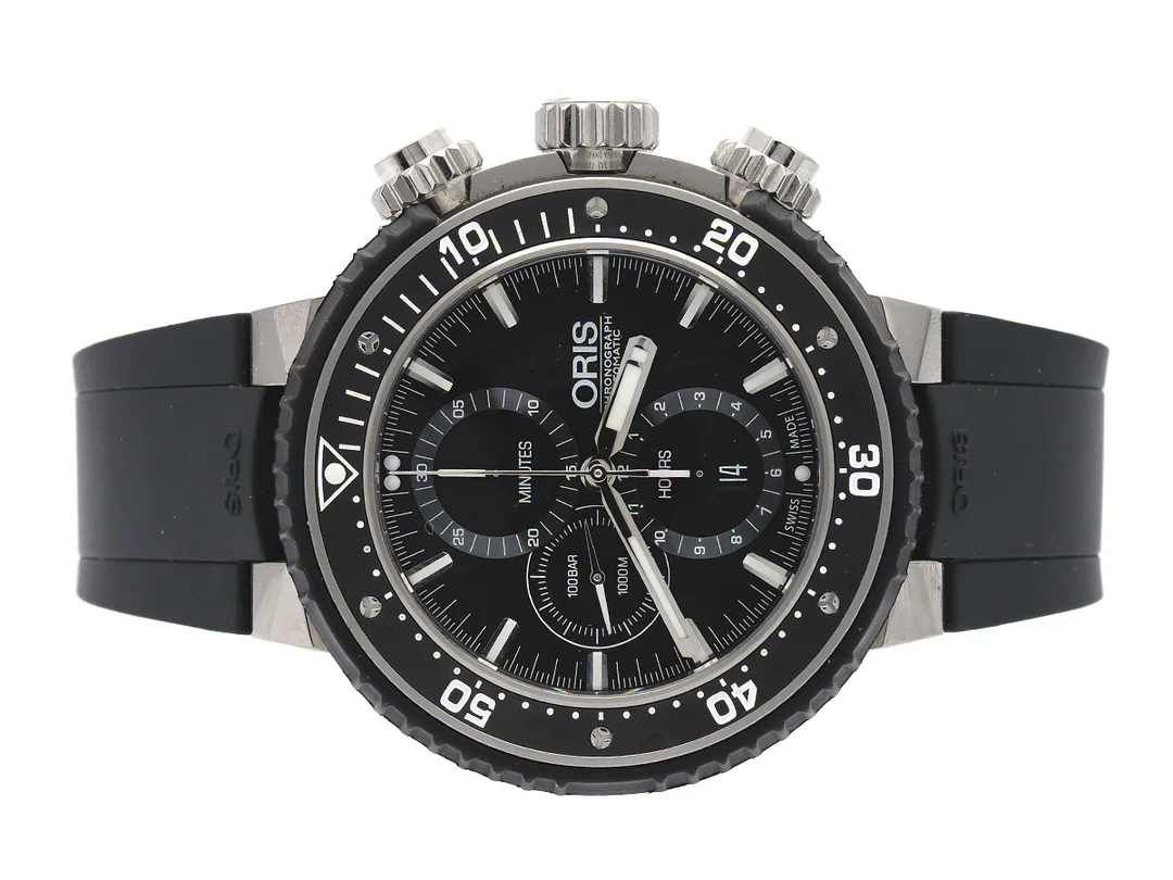 ORIS, ProDiver Chronograph (100Bar/1000M), Cal 774 (SW-500), Serie nr. 3507953, Ref nr. 01.774.7727.7154-Set, Boett nr. 7727, kronograf, herrur, 51 mm, titan, automatisk, safirglas, datum, heliumventil, gummiband, integrerad originallänk, viklås, Ref nr. 07 34 20 741, cert, november 2017, box, ytterkartong. — Klockor/Oris — Kaplans