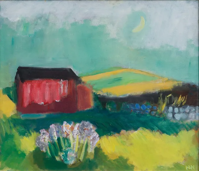 NILS NILSSON. Landskap med rött hus och blommor. Olja på duk.