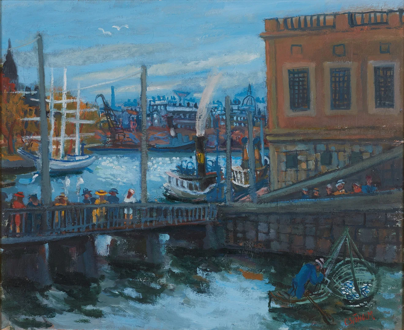CHARLES SJÖHOLM. (född 1933), Vy över Strömbron mot Skeppsholmen, olja på duk. — Paintings — Stockholms Auktionsverk Magasin 5
