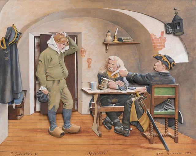 GUSTAF CEDERSTRÖM. EFTER. RELIEF, TRÄ. "Värvare", signerad Axel Rolander, daterad 1949.