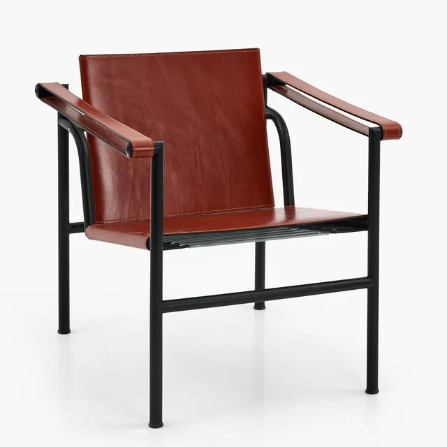 LE CORBUSIER. "LC 1", karmstol, Cassina, formgiven 1928, stomme av svartlackerat stål, klädda i brunt läder.