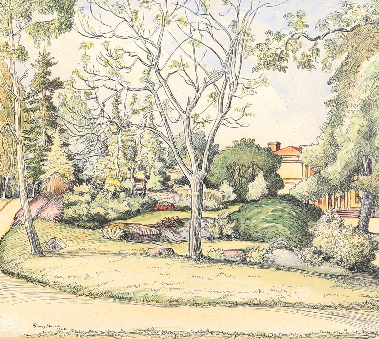 GEORG HULT. Blandteknik, motiv från stadsparken Oskarshamn, signerad samt daterad 1962. — Paintings — Auktionshuset Thelin & Johansson