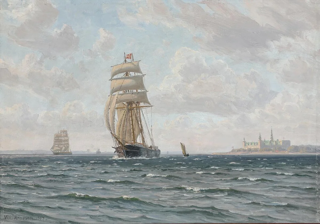 Seascape with sailing ships off Kronborg. Signed Vilh. Arnesen 1923. Oil on canvas. 39×56 cm. — Paintings — Bruun Rasmussen