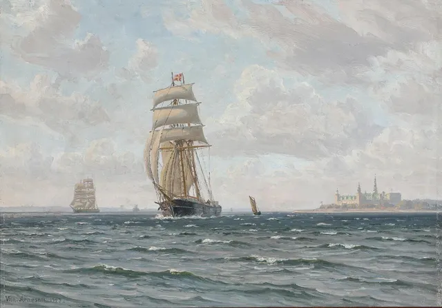 Seascape with sailing ships off Kronborg. Signed Vilh. Arnesen 1923. Oil on canvas. 39×56 cm.
