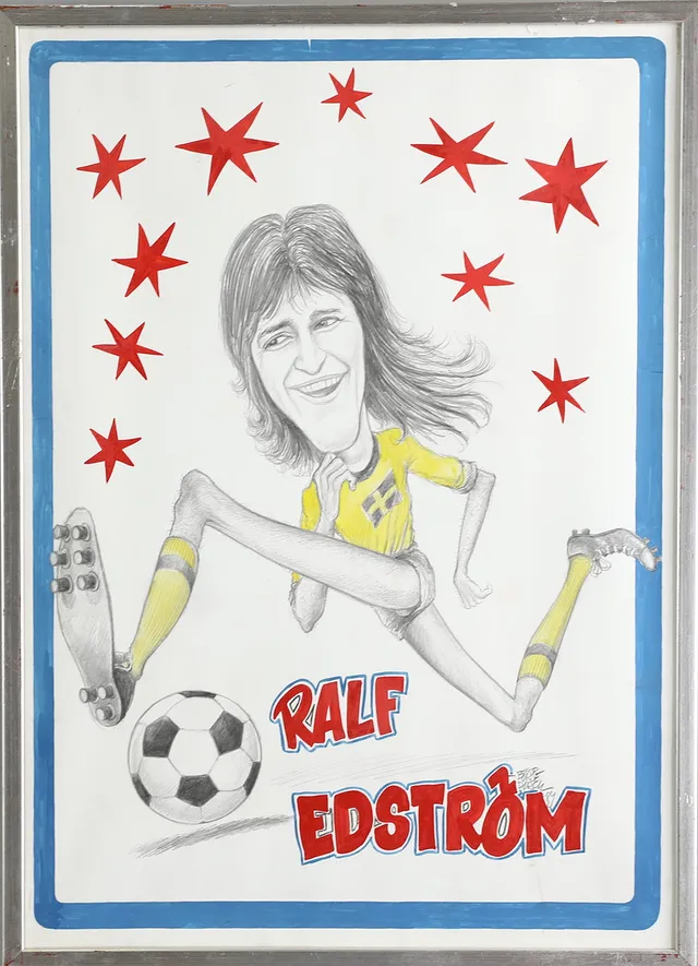 BÖRJE DORCH. teckning, karikatyr, Ralf Edström, Landslaget, 1984.