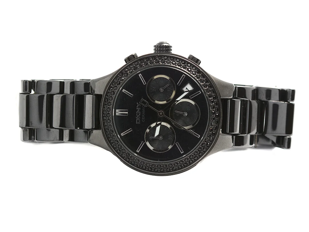 DKNY Ceramic, damur, quartz, kronograf, datum, safirglas, stenar på ring, länk 19,5cm, snr: 8184-251011 — Klockor/DKNY — Kaplans