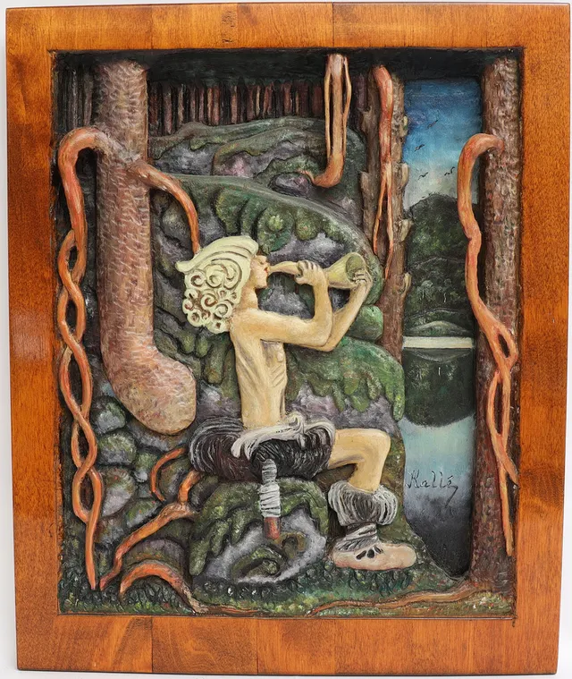 JOHN BAUER. Motiv efter, Träskuren relief, signerad Kalle.