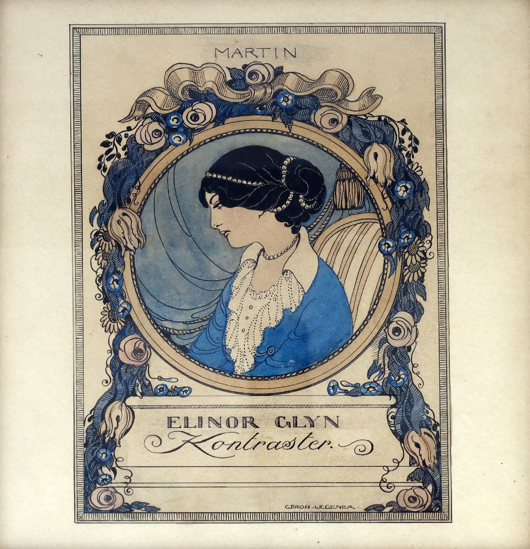 Gerda Wegener: Draft Danish book cover for Martin's Forlag, for author Elinor Glyn's work 'Contrasts', ink and watercolor on paper — Paintings and sculptures/Modern pictorial arts — Lauritz