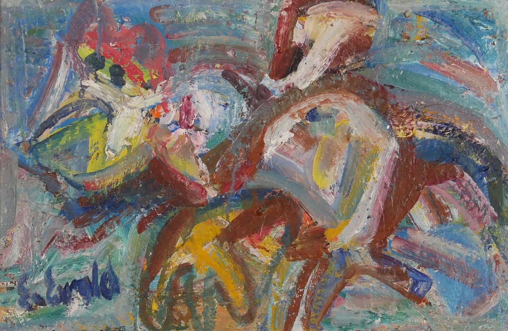 ERIK EWALD. Komposition, olja på platta, signerad Ewald. — Paintings — Auktionsfirma Kenneth Svensson i Kalmar