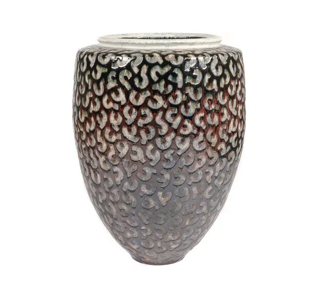 Per Weiss: Colossal floor vase of glazed stoneware with ornamentation in light relief