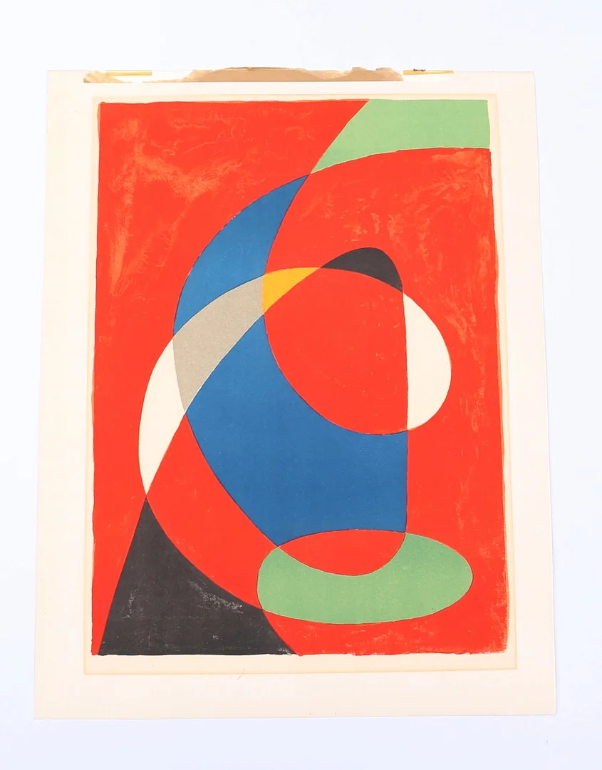 PIERRE OLOFSSON. Komposition. Färglitografi, signerad och numrerad 24/150. — Engravings & Prints — Auktionshuset Thelin & Johansson
