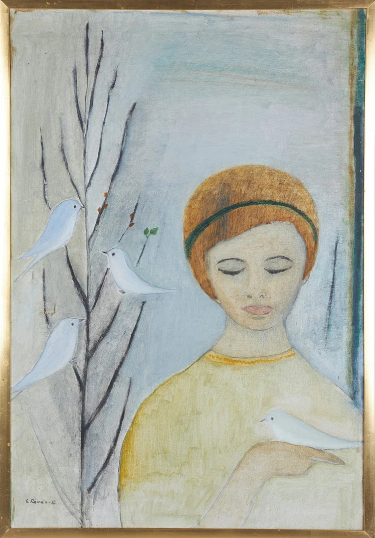 EBBA RAMÉN (1910-1957). "Gunilla II", porträtt med fåglar, olja på duk, signerad och daterad -56. — Paintings — Stockholms Auktionsverk Sickla
