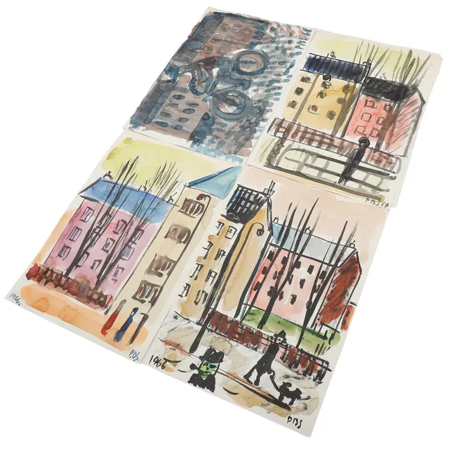 Folder containing approx. 116 sketches. Indian ink, watercolor and oil crayon on paper. Most signed. Sheet sizes 13×13–30×21 cm.