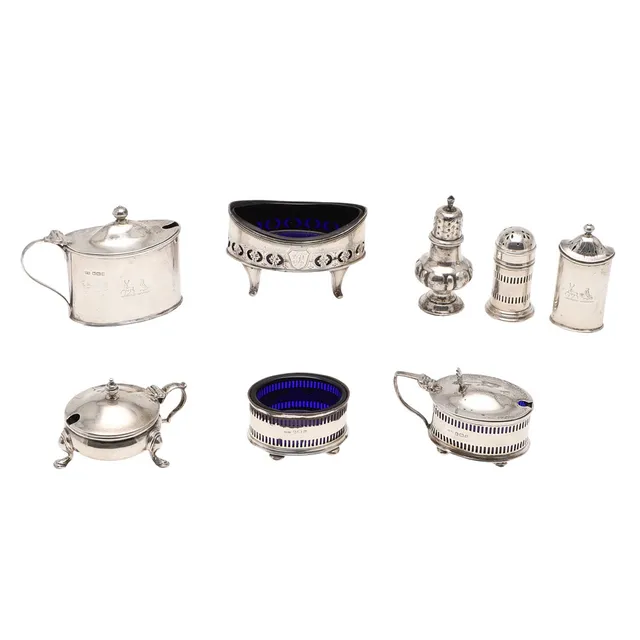 VARIOUS SILVER CONDIMENTS.