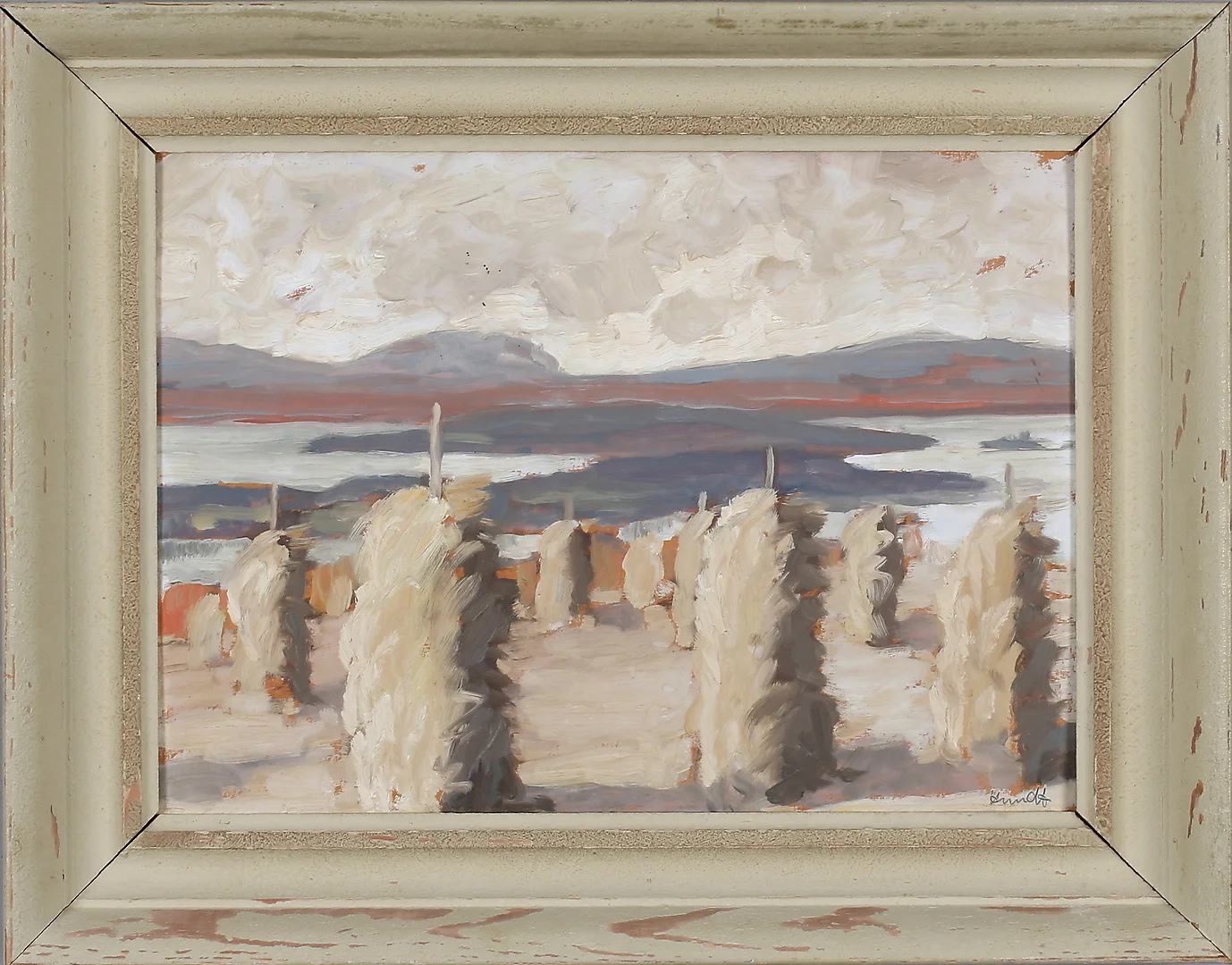 FRIEDRICH WILHELM HUNDT. "Oviksfjällen från Frösön", olja på pannå, signerad. — Paintings — Stadsauktion Sundsvall