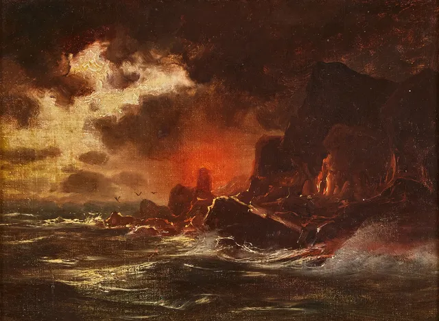LARSON MARCUS (1825-1864) TILLSKRIVEN. Oväder vid kusten, olja på duk, 28 x 38 cm.